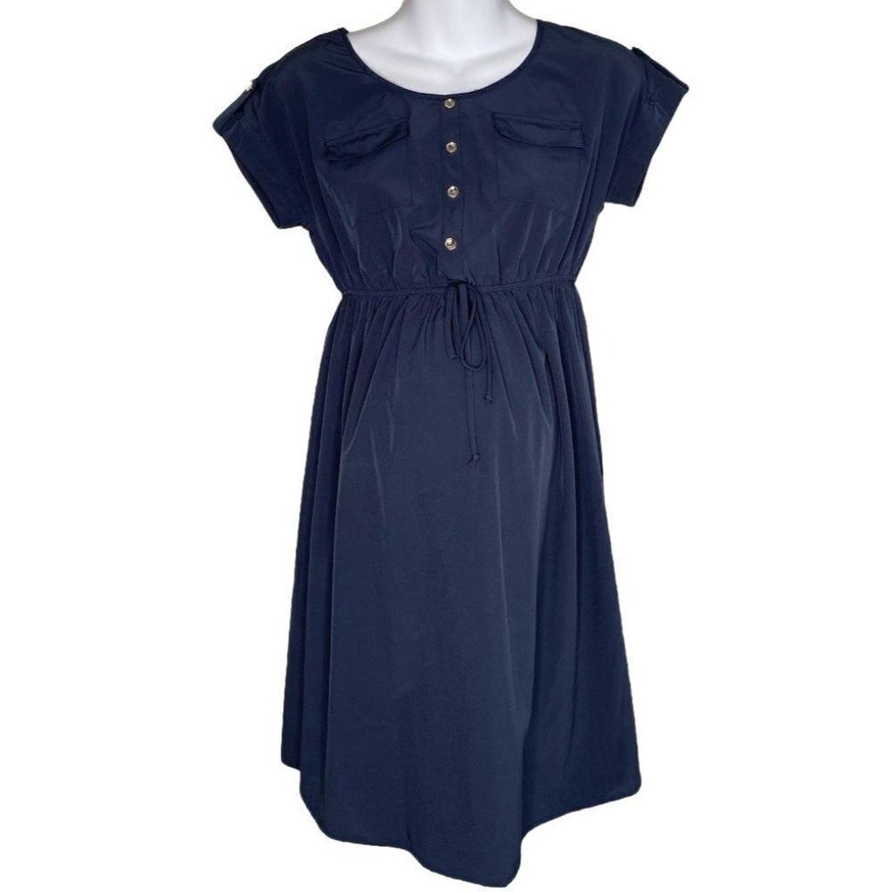 Rhapsody Maternity Dress Women's SMALL Navy Blue Empire‎ Waist Front-TiePockets